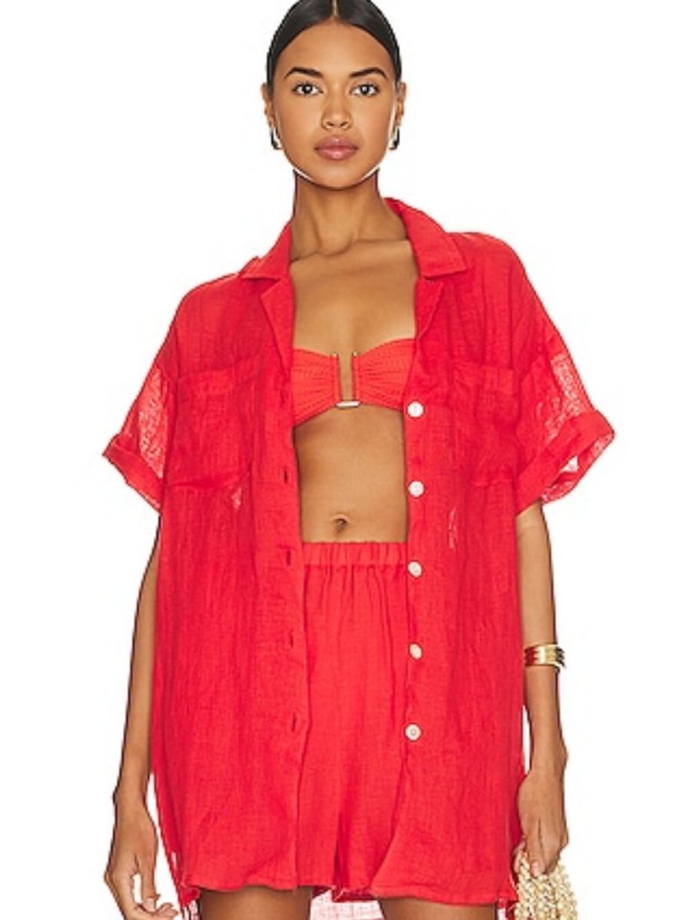 Vitamin A Hibiscus EcoLinen Playa Pocket Blouse Tallows Shorts Set S